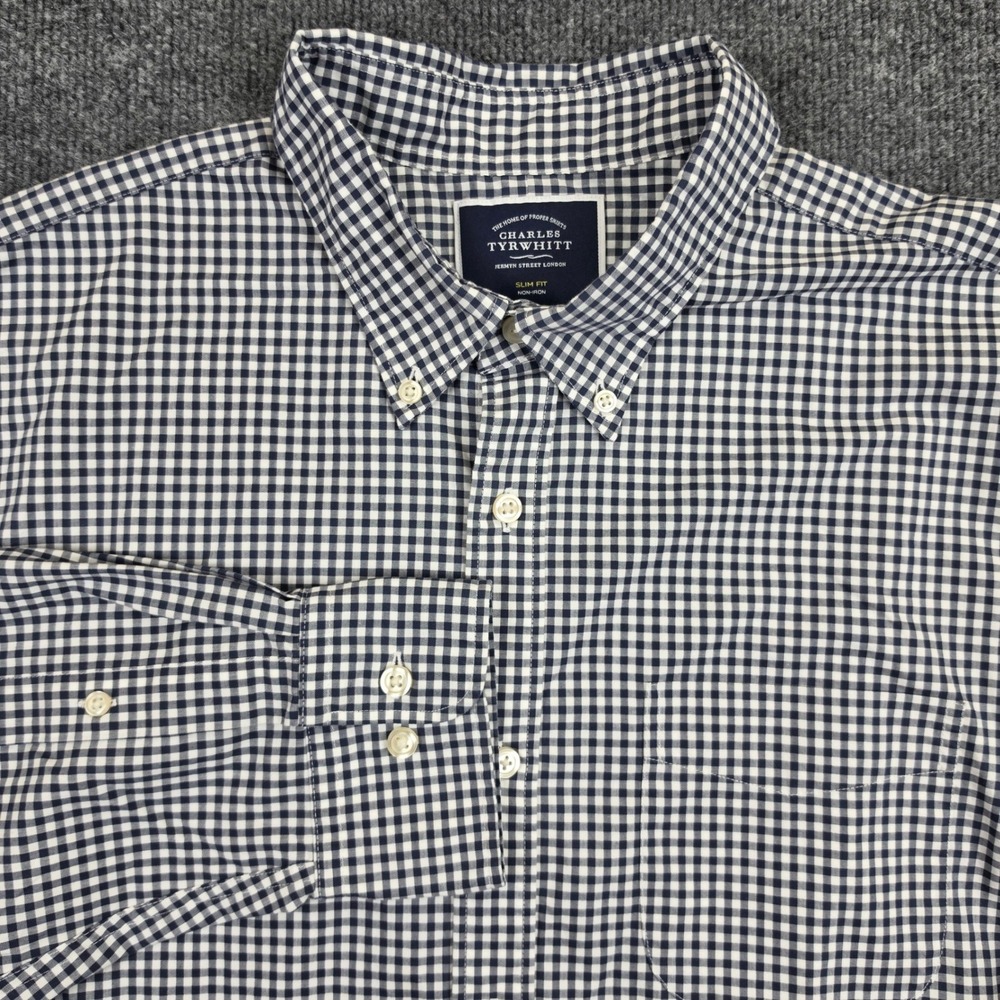 Charles Tyrwhitt Slim Fit Shirt Men's XL Non-Iron Gingham Button Down Navy White